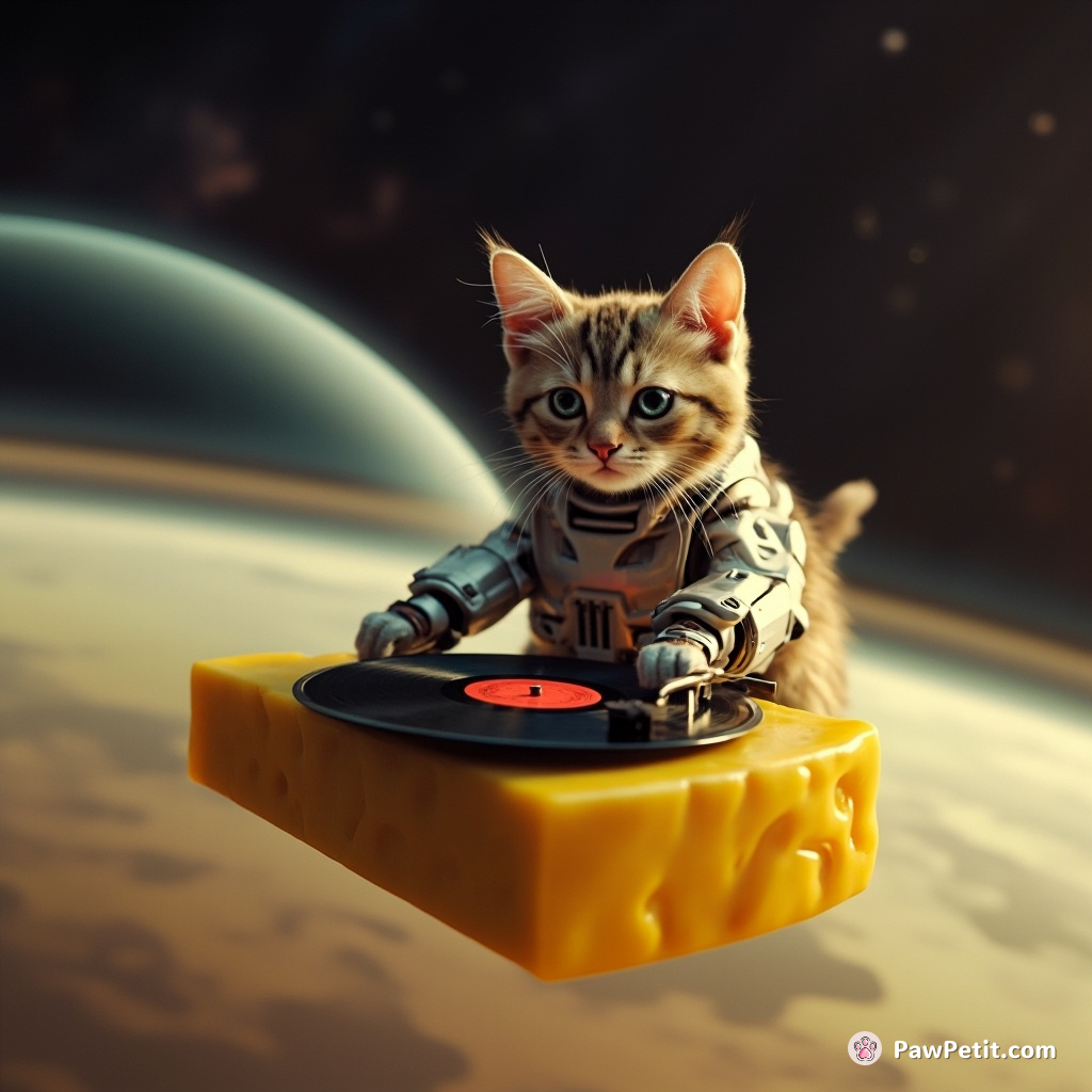 A cybernetic cat DJ spinning disco records on a floating cheese slice in the rings of Saturn.