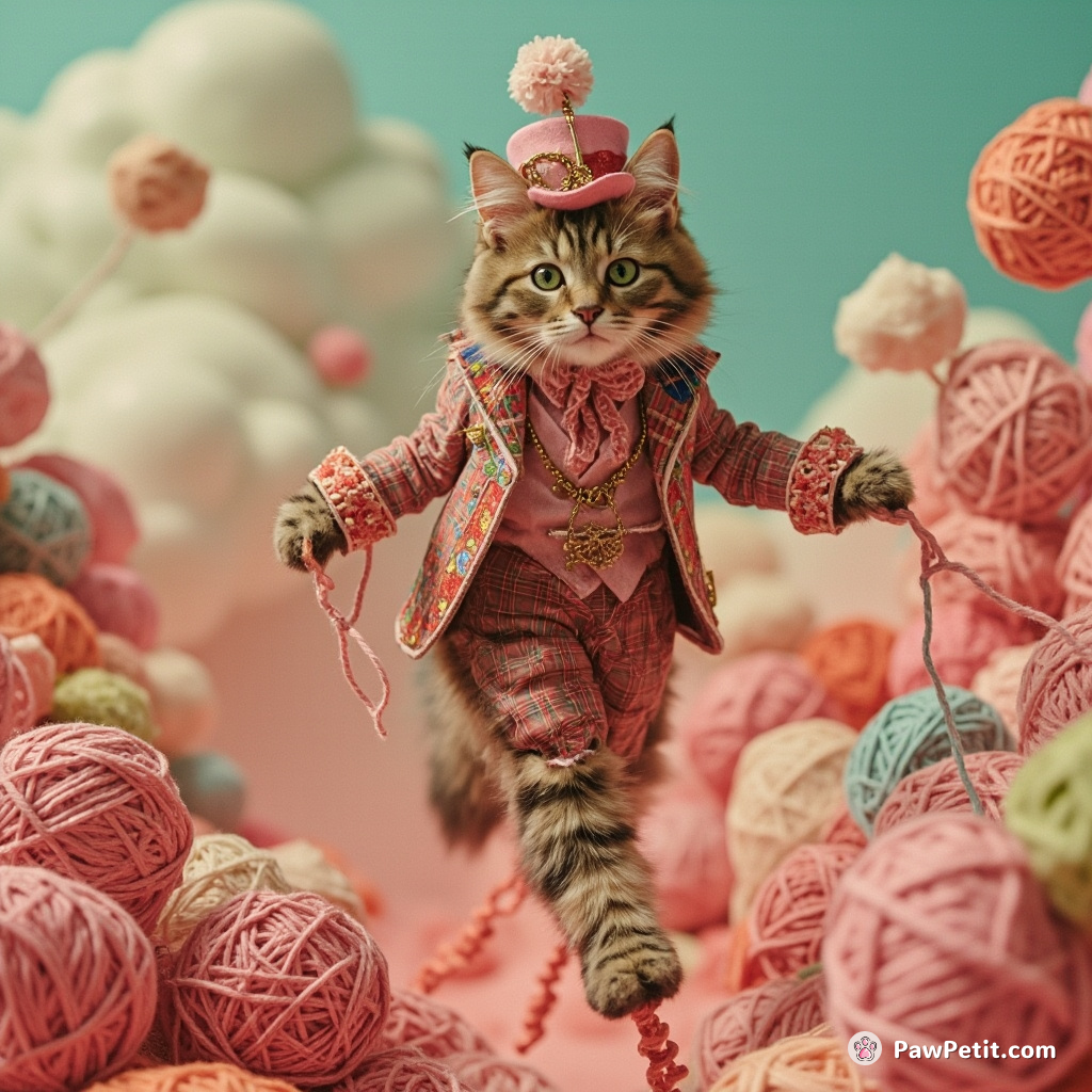 Victorian-era feline proudly strolling on stilts in a candy landscape made of yarn thread.
