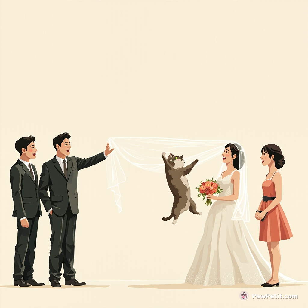 Cat dramatically dangles from bridal veil at wedding ceremony, causing audience-wide collegial chorus of gasps and laughs.