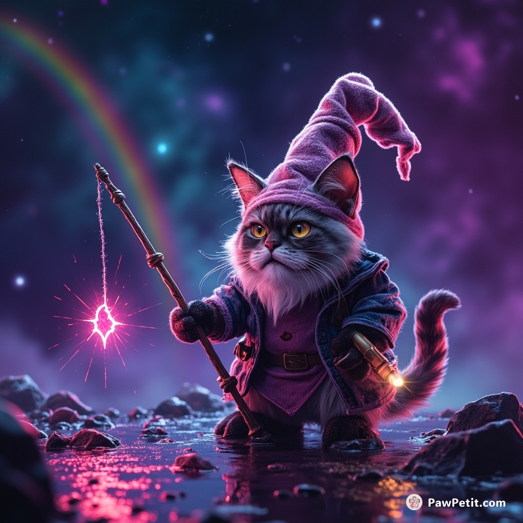 A grumpy gnome-cat fishing in a cosmic nebula holding a magical, rainbow-spellig string.