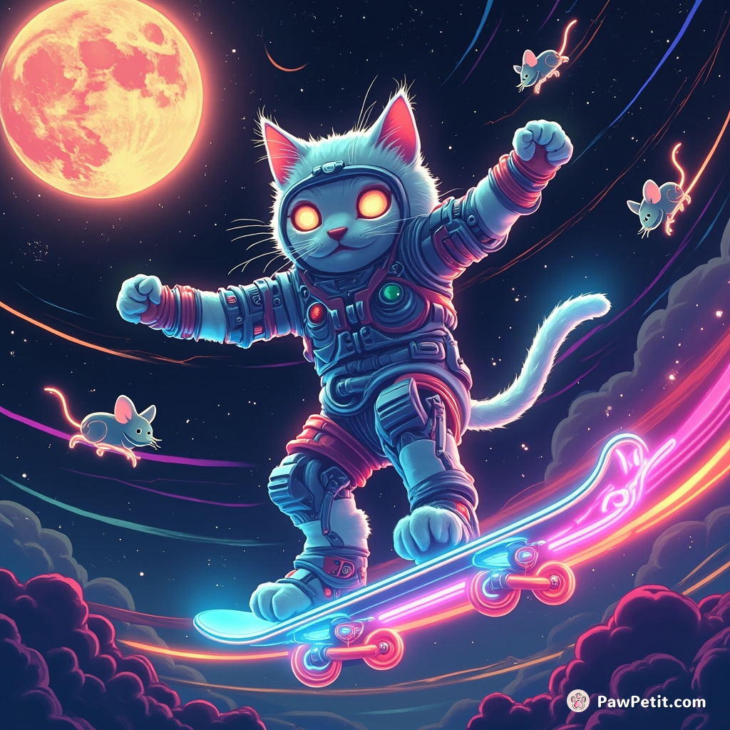 Glowing, cybernetic cat joyfully skateboarding in zero-gravity space littered with glowing electric mice orbiting a liquid rainbow moon.