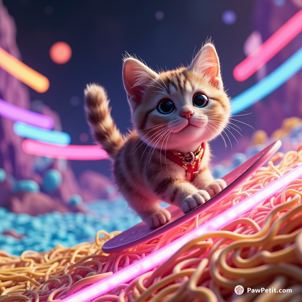 Cat surfing on a river of neon spaghetti in zero gravity