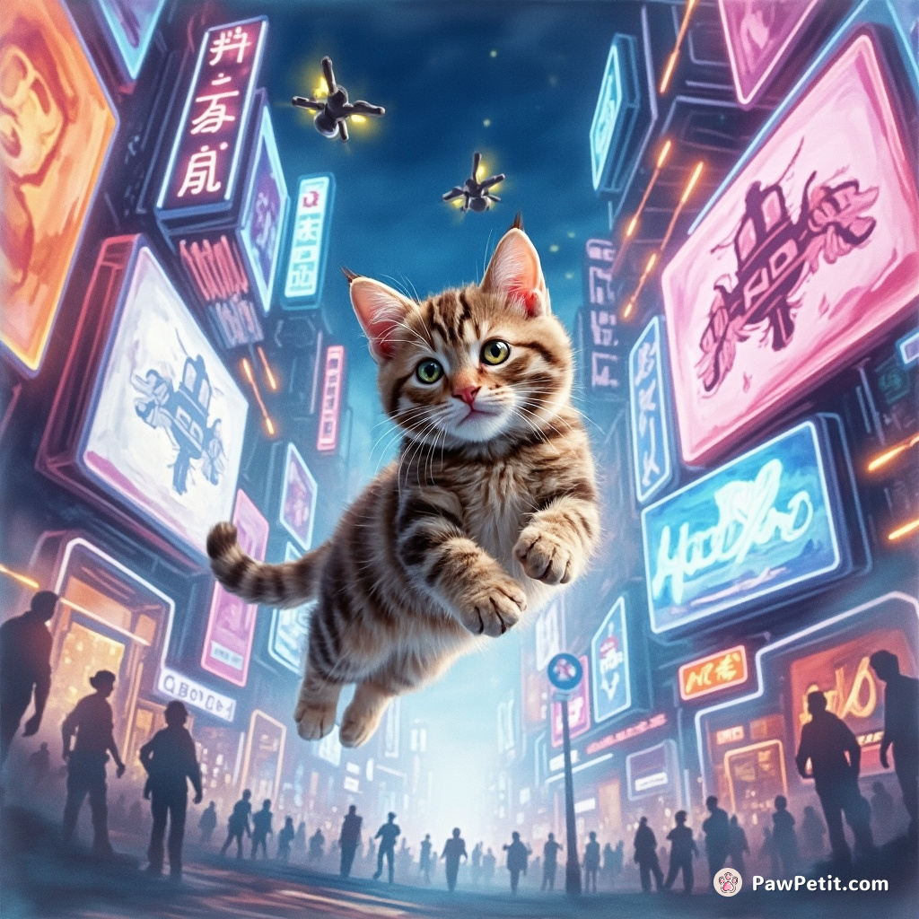A cat leaps between holographic billboards, dodging laser drones in a neon-lit metropolis.