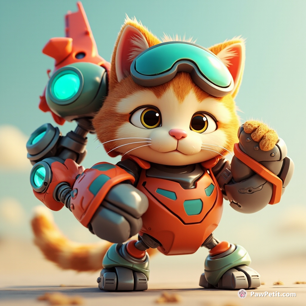 With an agile paw, the tabby triggers a colossal mech-bot, relishing the fusion of fur and humming future-tech.