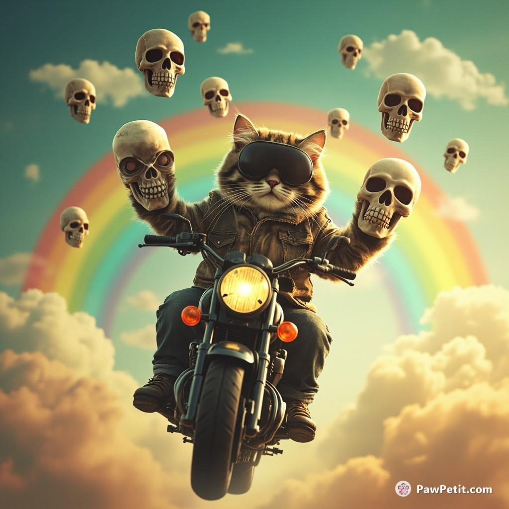 A cat riding a motorcycle over a rainbow, juggling alien skulls.
