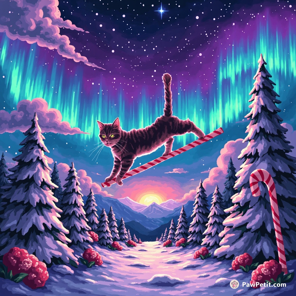 Cat pole-vaulting over a candy cane forest under aurora-lit skies.