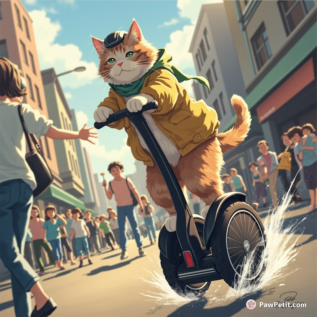 Cat commandeers out-of-control Segway, wildly veering through human traffic; a desperate swerve saves the day.