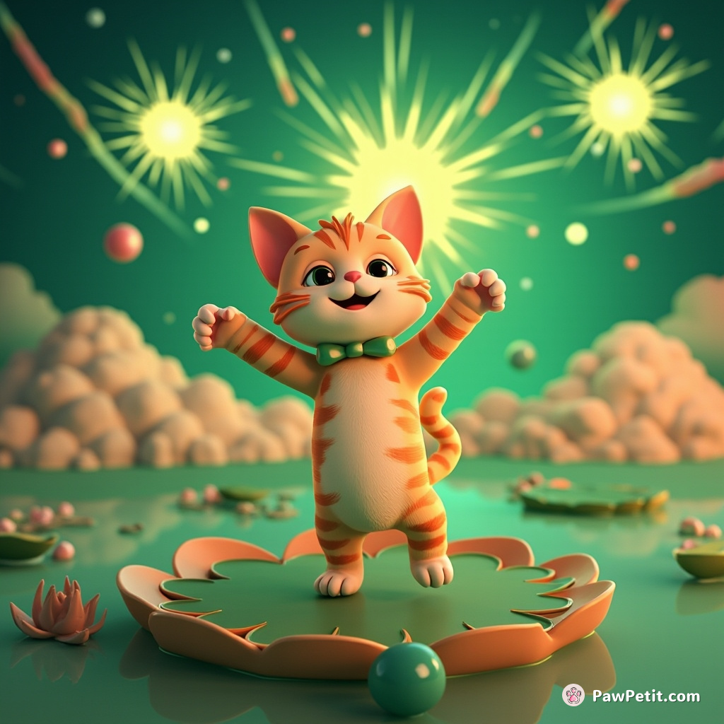 A cat tap-dancing on a floating lily pad amidst supernova explosions in an emerald sky.