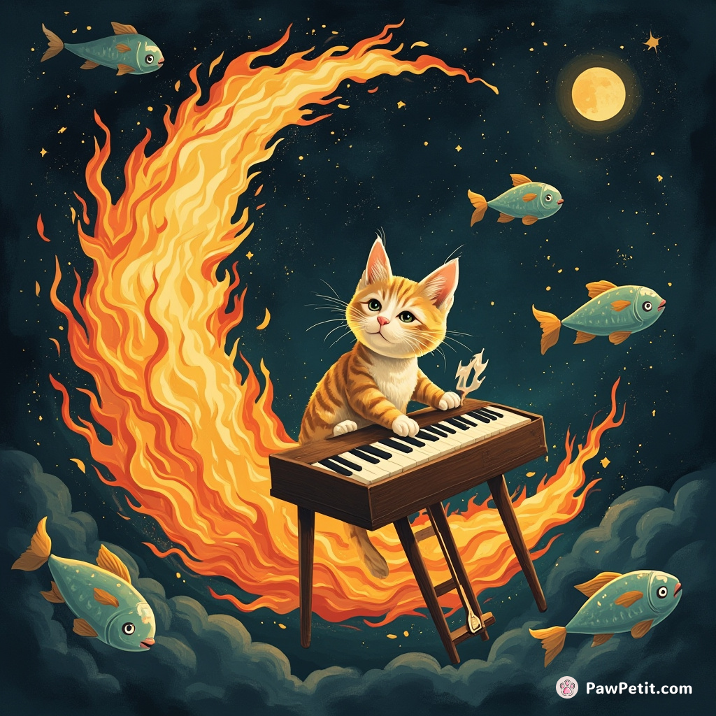 A cat playing a flaming piano on a crescent moon, surrounded by hovering fish.