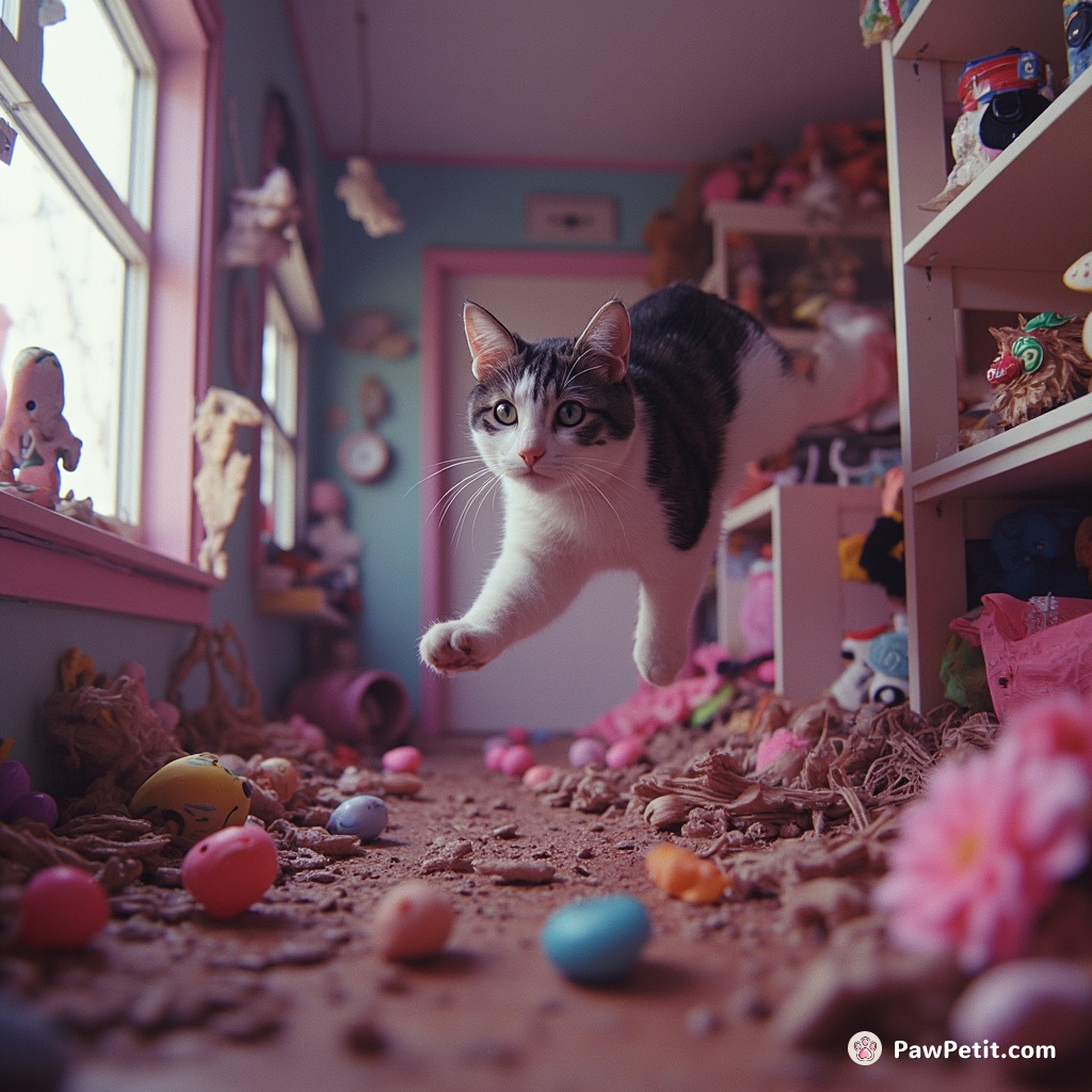 The cat darts through the chaos, leaping onto a shelf to escape the commotion below.