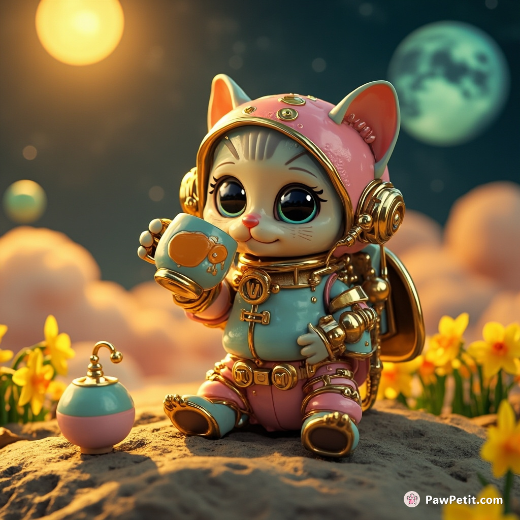 Steampunk cat sipping lunar tea during a zero-gravity tea party on an asteroid with sunshine-yellow daffodils growing.