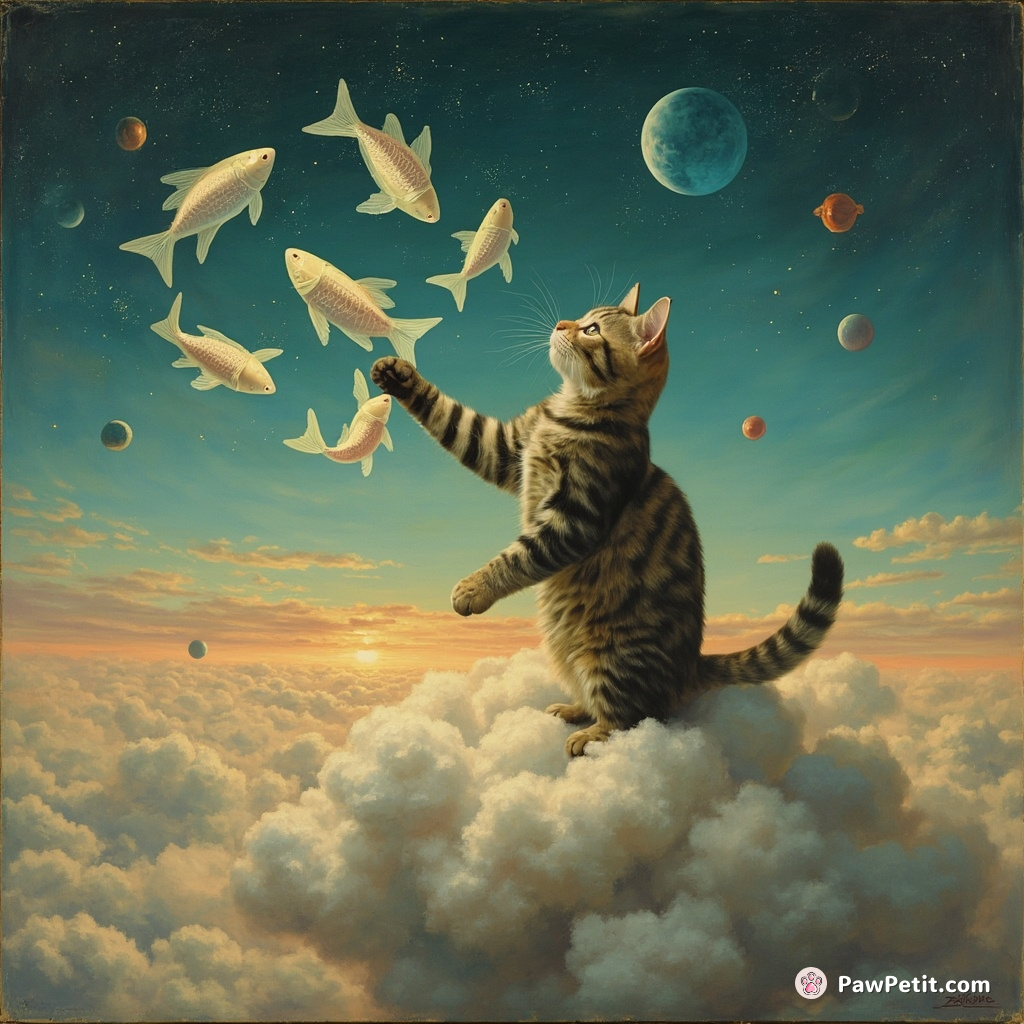 Cat juggling ethereal, glowing fish while balancing on a cloud, over an alien landscape.