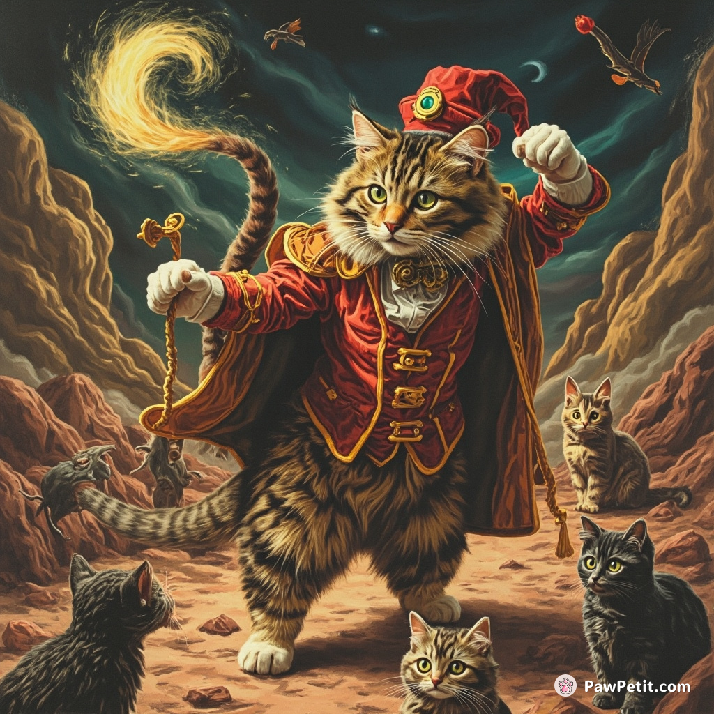 In Kitty's Kingdom, dapper tabby Sir Whiskers twirls his magic tail, displacing the rat king and restoring feline harmony.