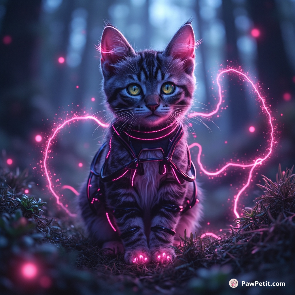 Cybernetic cat harvesting starlight fiber with nebula claws in a zero gravity cosmic forest.