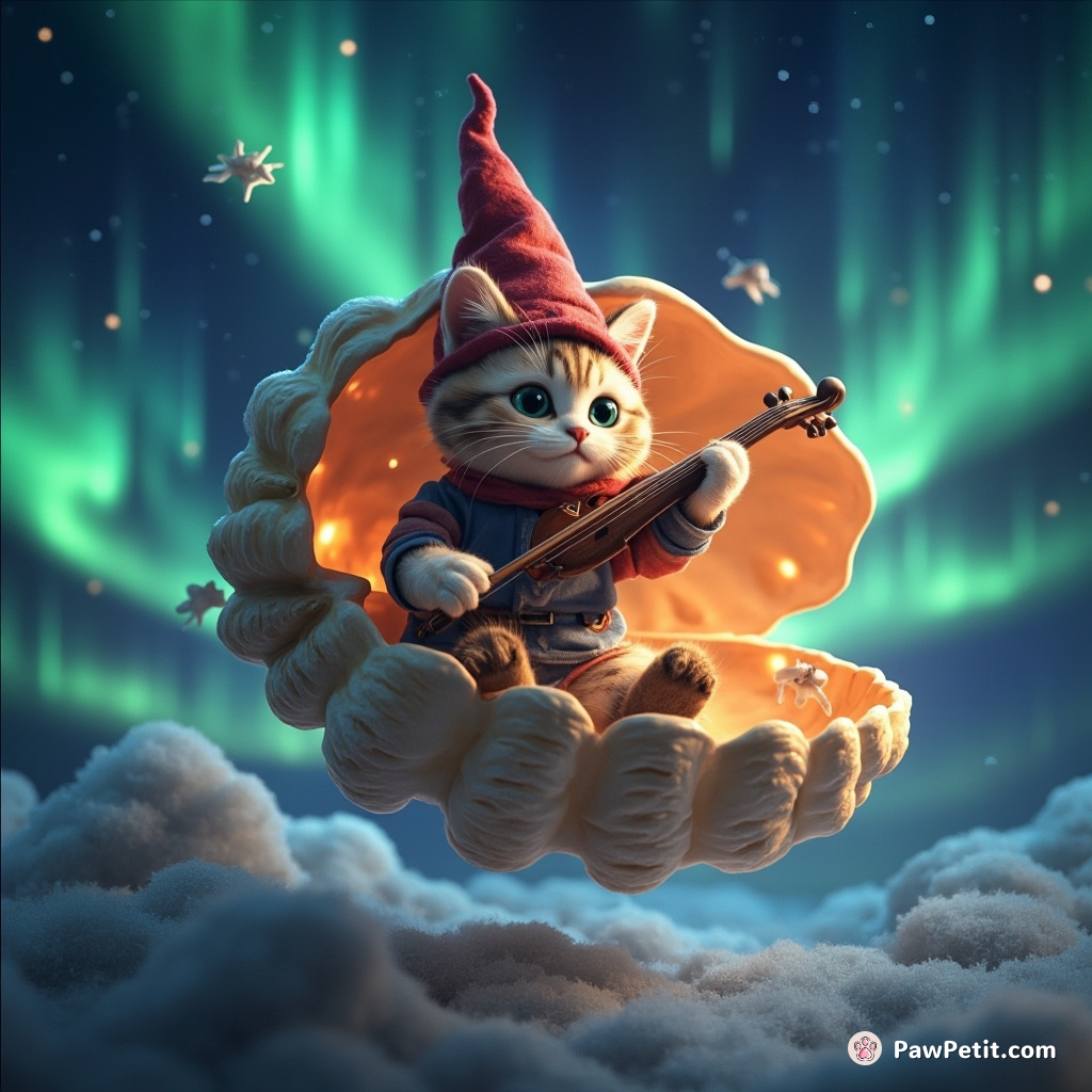A cat famously conducting a gnome orchestra inside a glowing, levitating seashell under an aurora borealis sky.