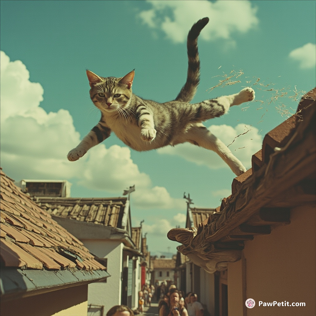 A brave cat leaps from rooftop to rooftop, rescuing villagers from a dragon by tickling it with its tail.