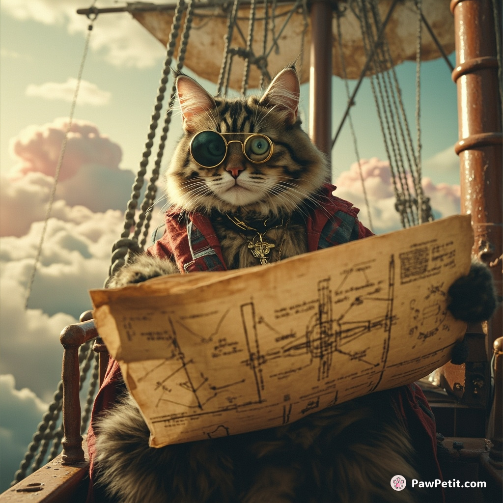 A steampunk cat wearing a monocle and reading Da Vinci's blueprints aboard a rusted Ironclad ship navigating through cotton candy clouds.