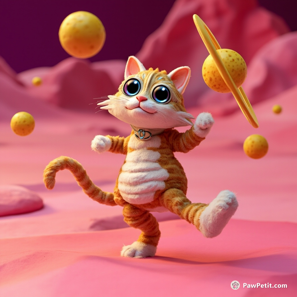 A three-eyed cat disco dancing on a hot pink lunar surface while juggling mini Saturn-shaped cheese balls.