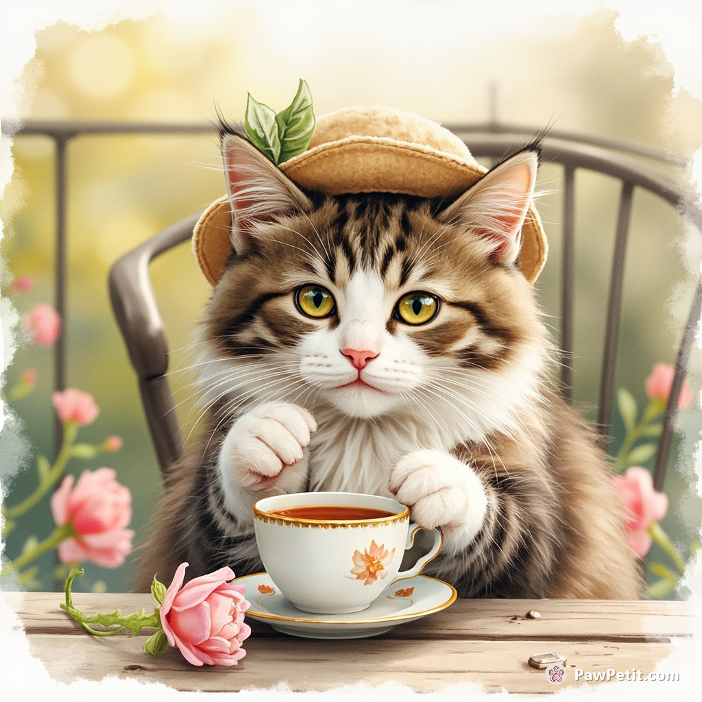 A cat, wearing a tiny hat, struggles to sip tea gracefully on a patio, paws fumbling with the cup handle.