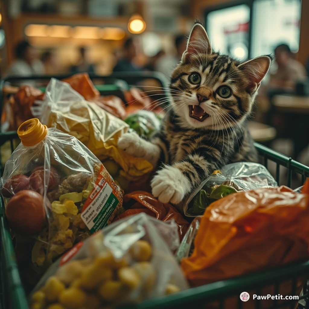 Dodging scrambling feet, the terrified cat hastily clawed up a chaotic pile of groceries stacked haphazardly in a cart.
