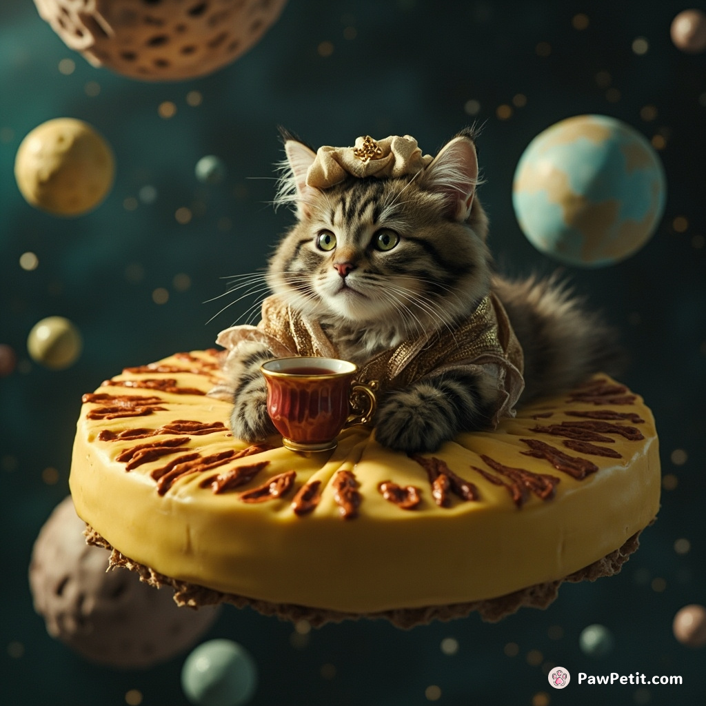 A Victorian lady cat sipping tea on a floating cheese wheel in space.