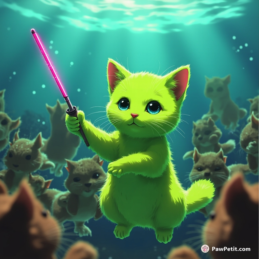 A cat, painted a fluorescent green, conducting a symphony orchestra of squirrels with a neon pink wand in an underwater concert.