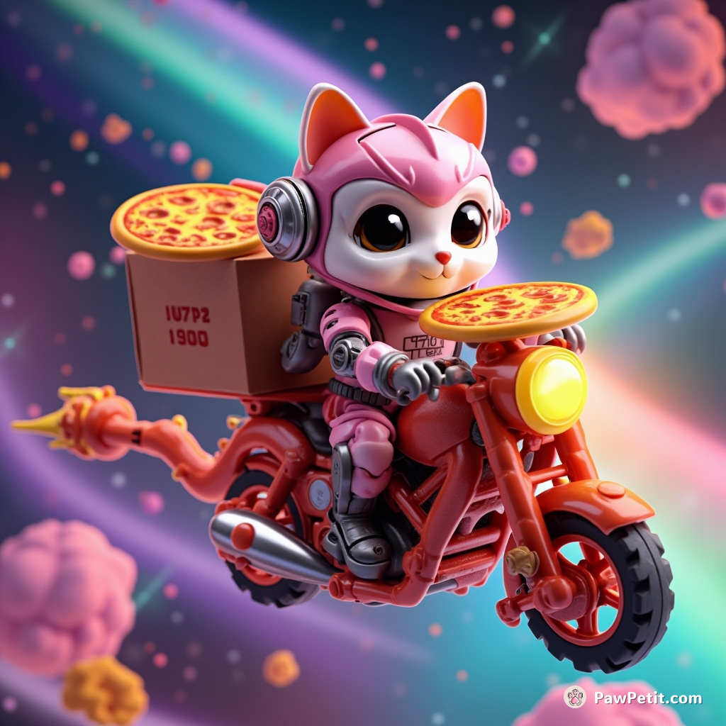 Cyborg cat delivering interstellar pizzas on a dragon-shaped motorcycle through the nebula rainbow.