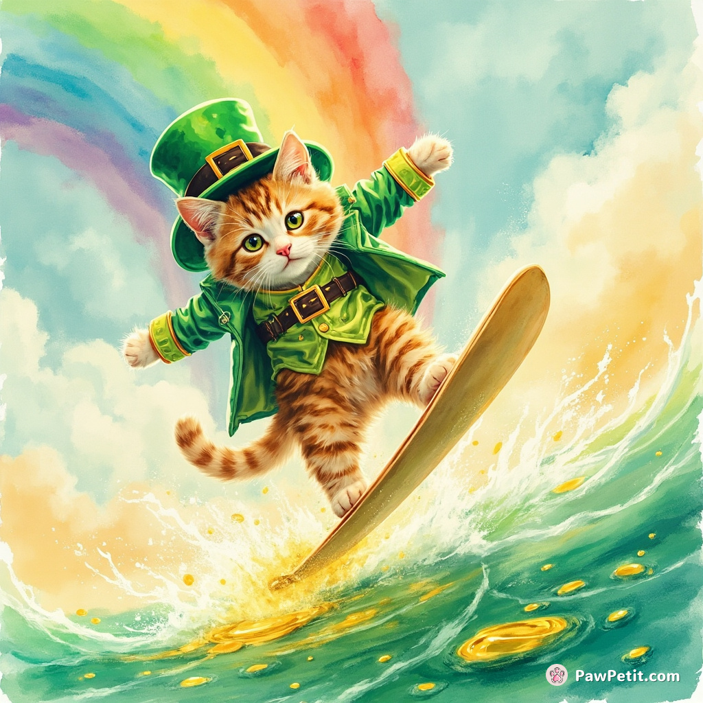 Cat surfing on a rainbow over a sea of liquid gold, wearing neon leprechaun outfit.