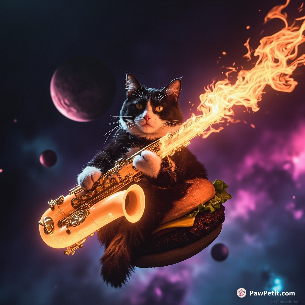 A tuxedo cat playing a flaming saxophone on a floating cheeseburger in outer space.