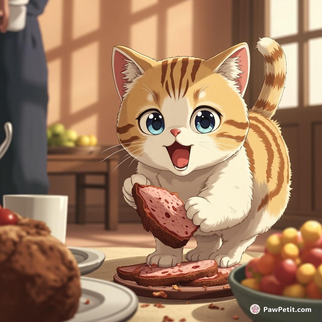 Convinced of its superior stealth, the cat dashed past alarmed humans, expertly seizing the last roast slice unnoticed.