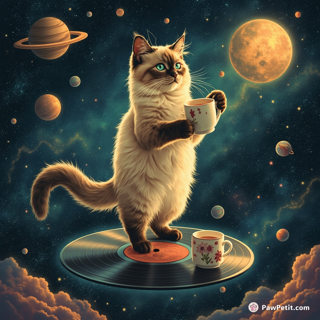 A siamese cat tap dancing on a floating vinyl record in the middle of space, while sipping tea from a cosmic teapot.