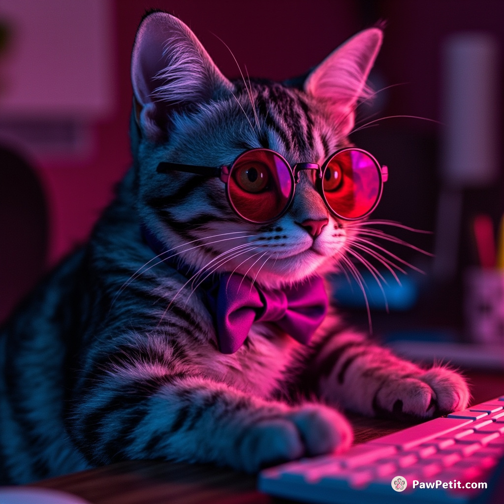 Whiskers dons a bowtie, diligently practices typing with tiny paws, aiming for a desk job in a cozy office.