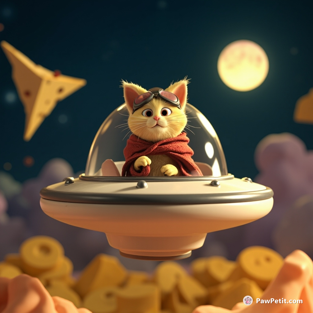 Whiskers the cat pilots a flying saucer to rescue the moon from a cheese thief.