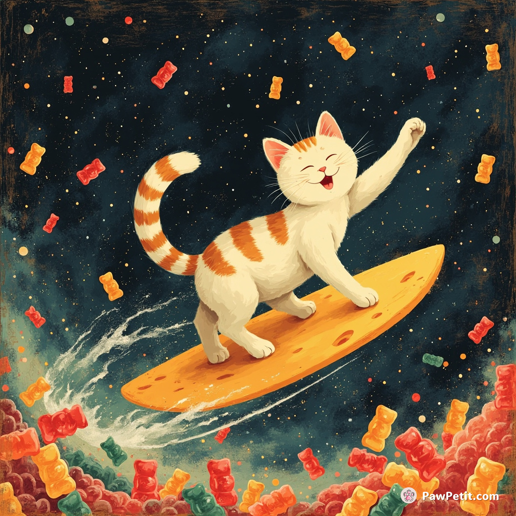 A cat surfing on a cheese slice through a galaxy of gummy bears.