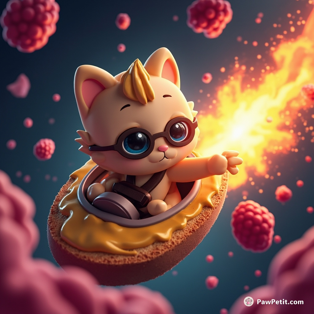 A cat piloting a piece of buttered toast spaceship through a sea of raspberry jam meteorites.
