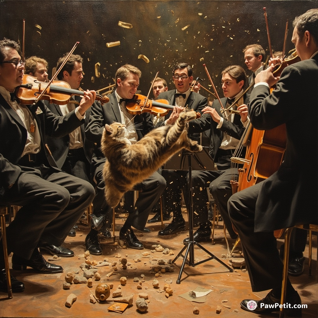 In the middle of a live orchestra performance, a cat crashes onto stage, dismantling the violin stand; mass chaos ensues.