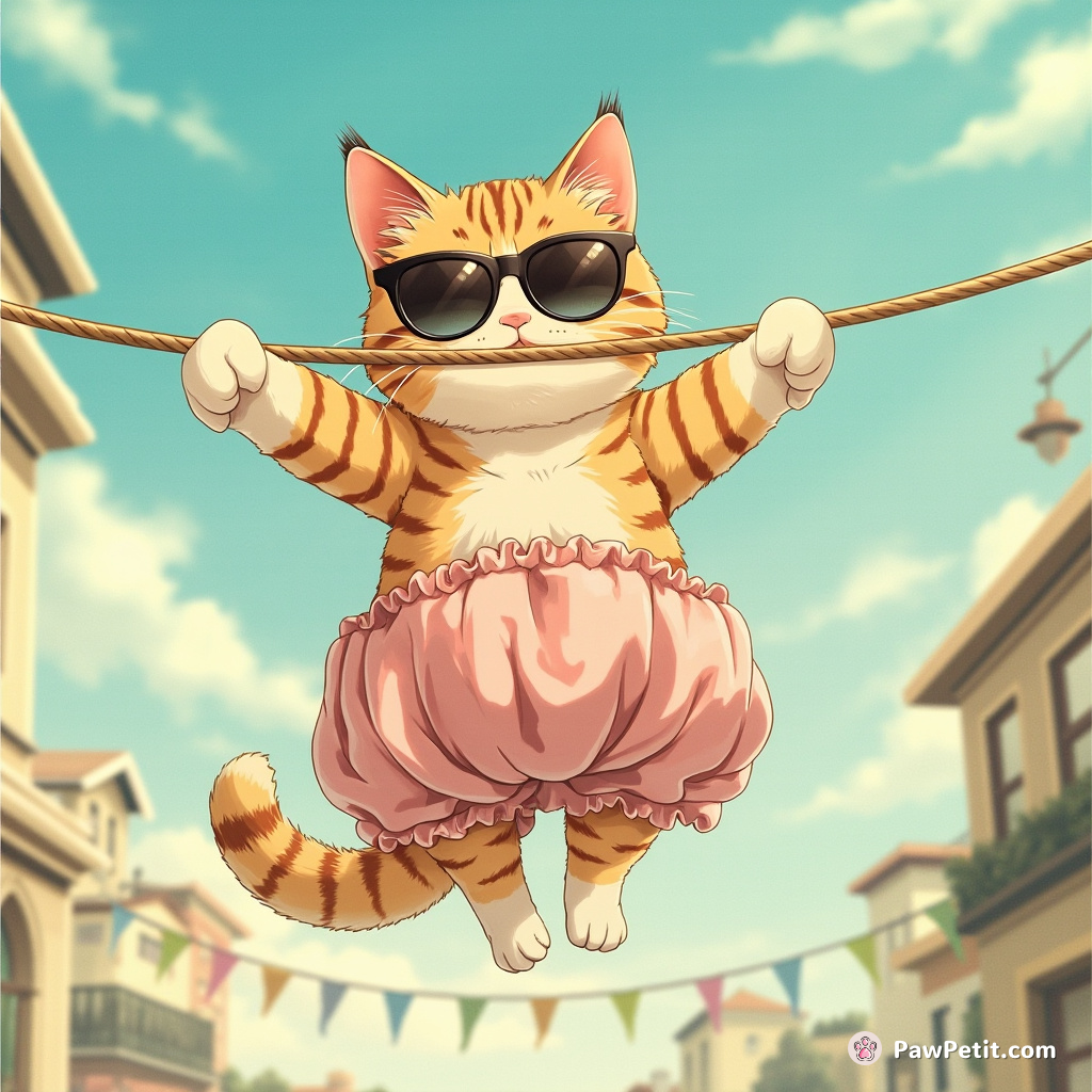 Cat, donning sunglasses, attempts highwire act on washing line - spinning – lands paws-first in drying Miss Betty’s large bloomers.