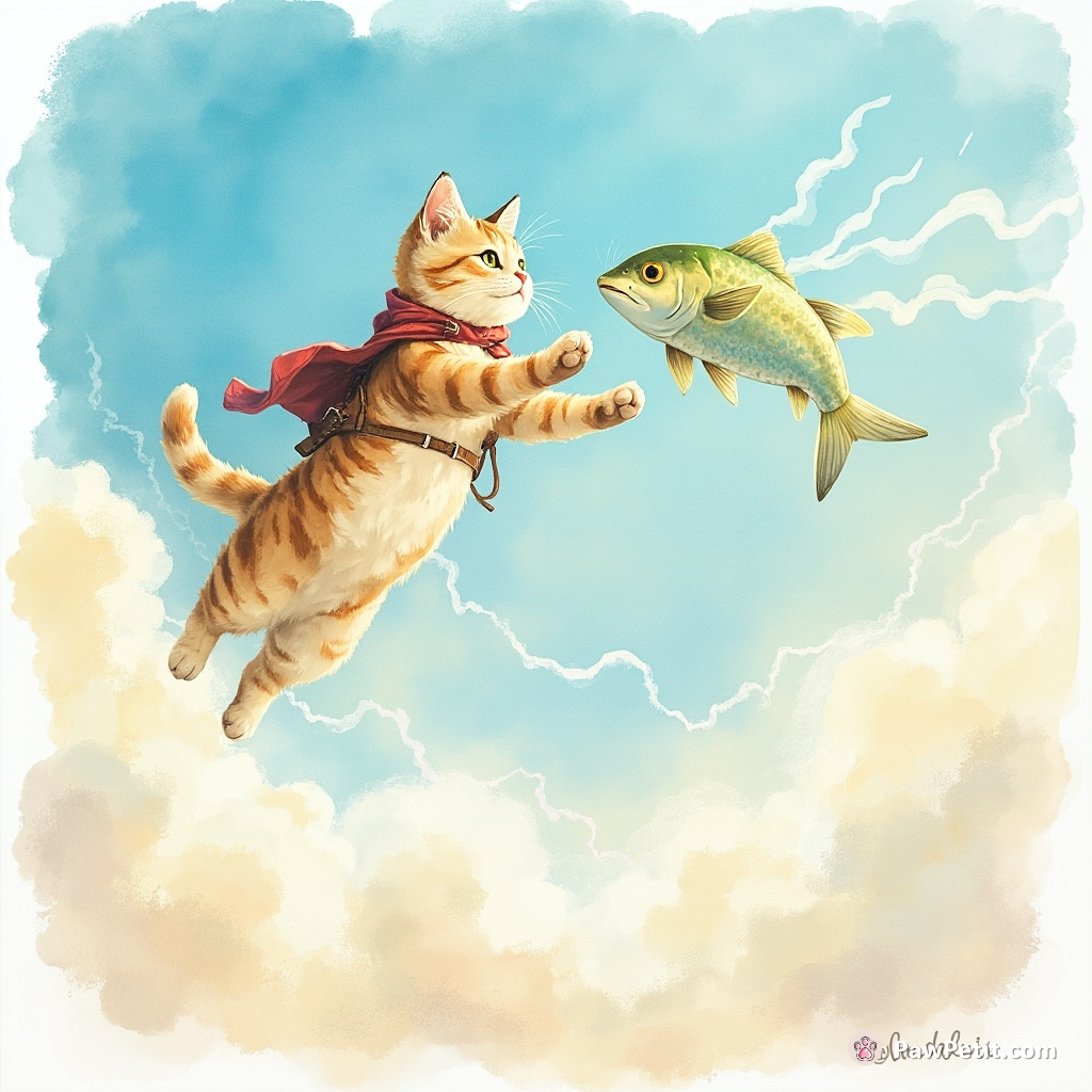 In Prestigious Purrlandia, gallant tomcat Mr. Whiskers heroically leaped sky-high, snatched the enchanted fish, saving the cat kingdom.