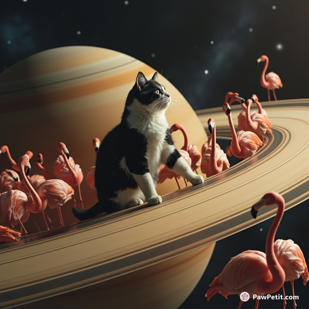 A tuxedo cat conducting an orchestra of flamingos on Saturn's rings.