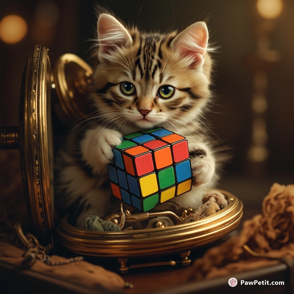 A Victorian era cat sitting inside a vintage pocket watch, solving a rubik's cube.