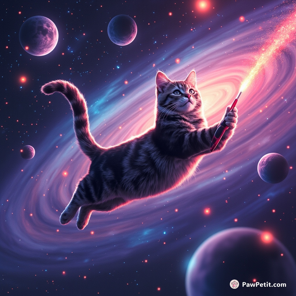 A cat painting surreal galaxies using a comet-tail brush while floating in anti-gravity space.