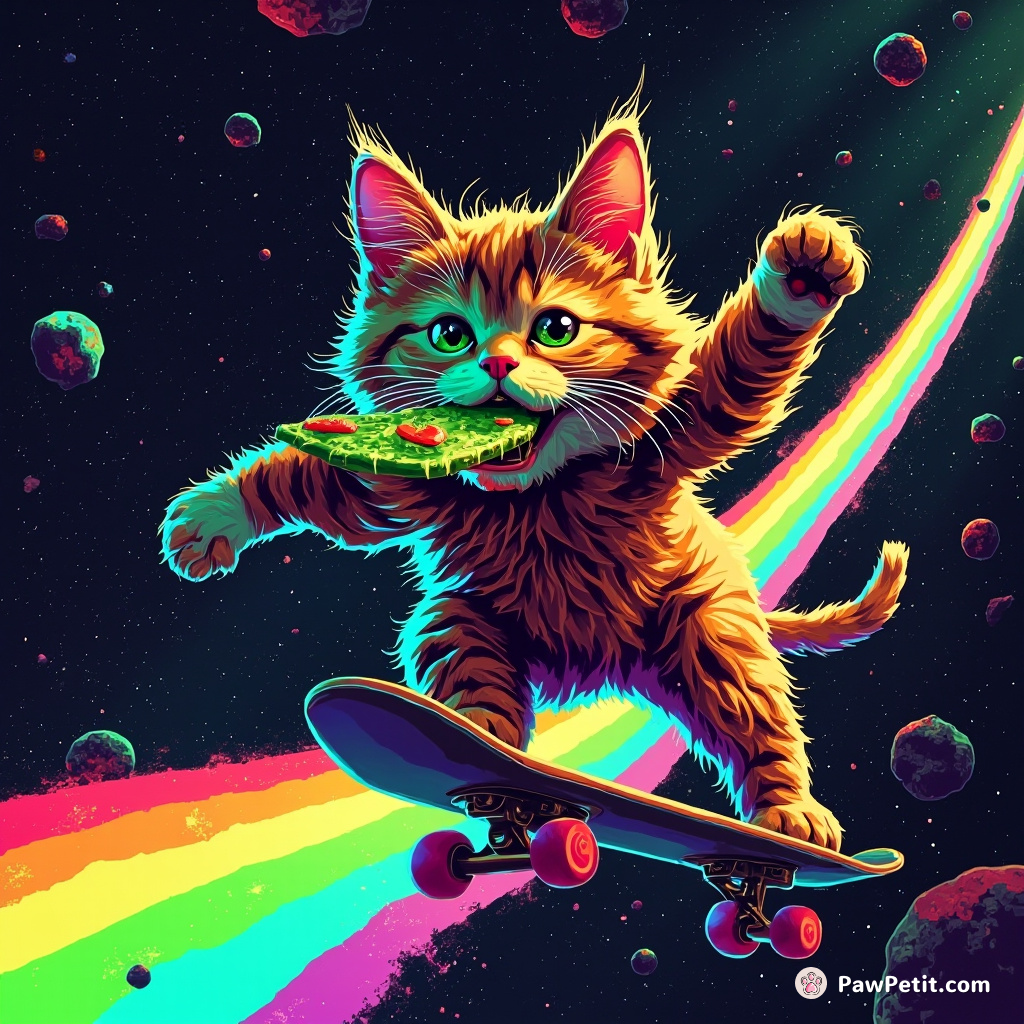 A grunge cat skateboarding down a rainbow in space, green pizza slice in mouth, nanoparticles swirling around.