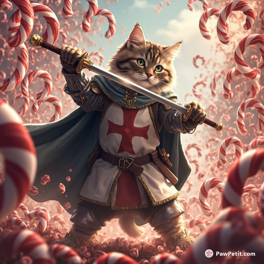A cat dressed as a medieval knight, sword fighting with a laser printer in an enchanted forest of candy canes.