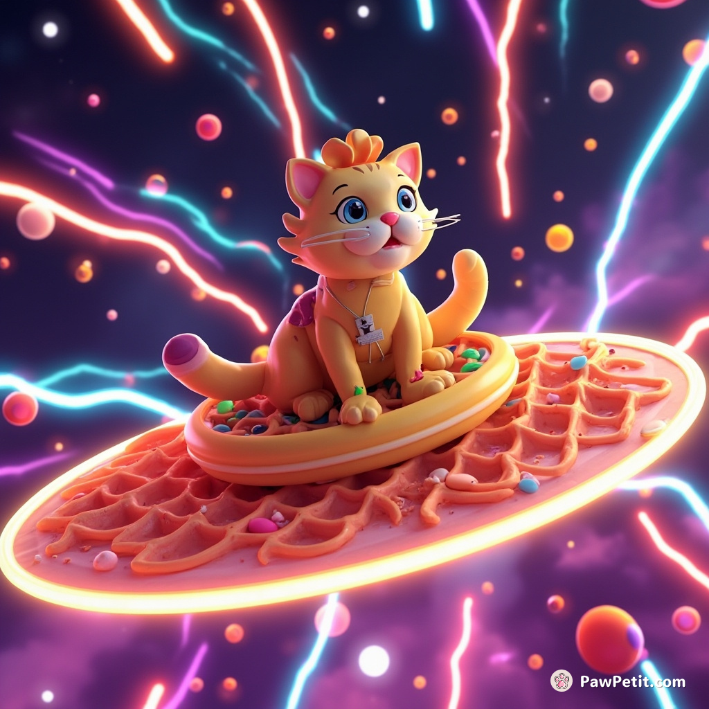 A cat riding a floating waffle through neon spaghetti rain in a space galaxy.