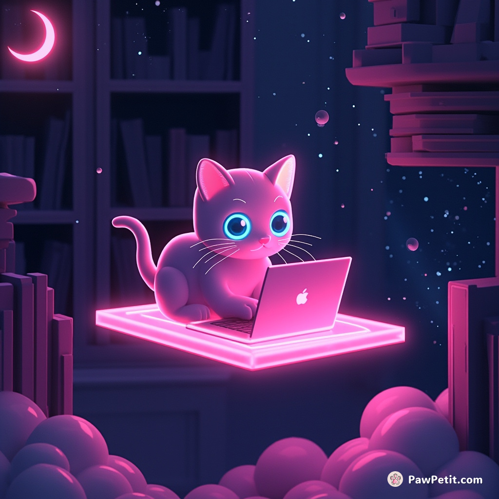 A neon-pink cat coding a simulation universe atop a floating, phosphorescent laptop in an intergalactic space library.