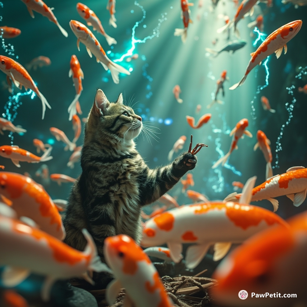 A cat conducting a symphony orchestra of electrically charged Koi fish in a surreal underwater city.