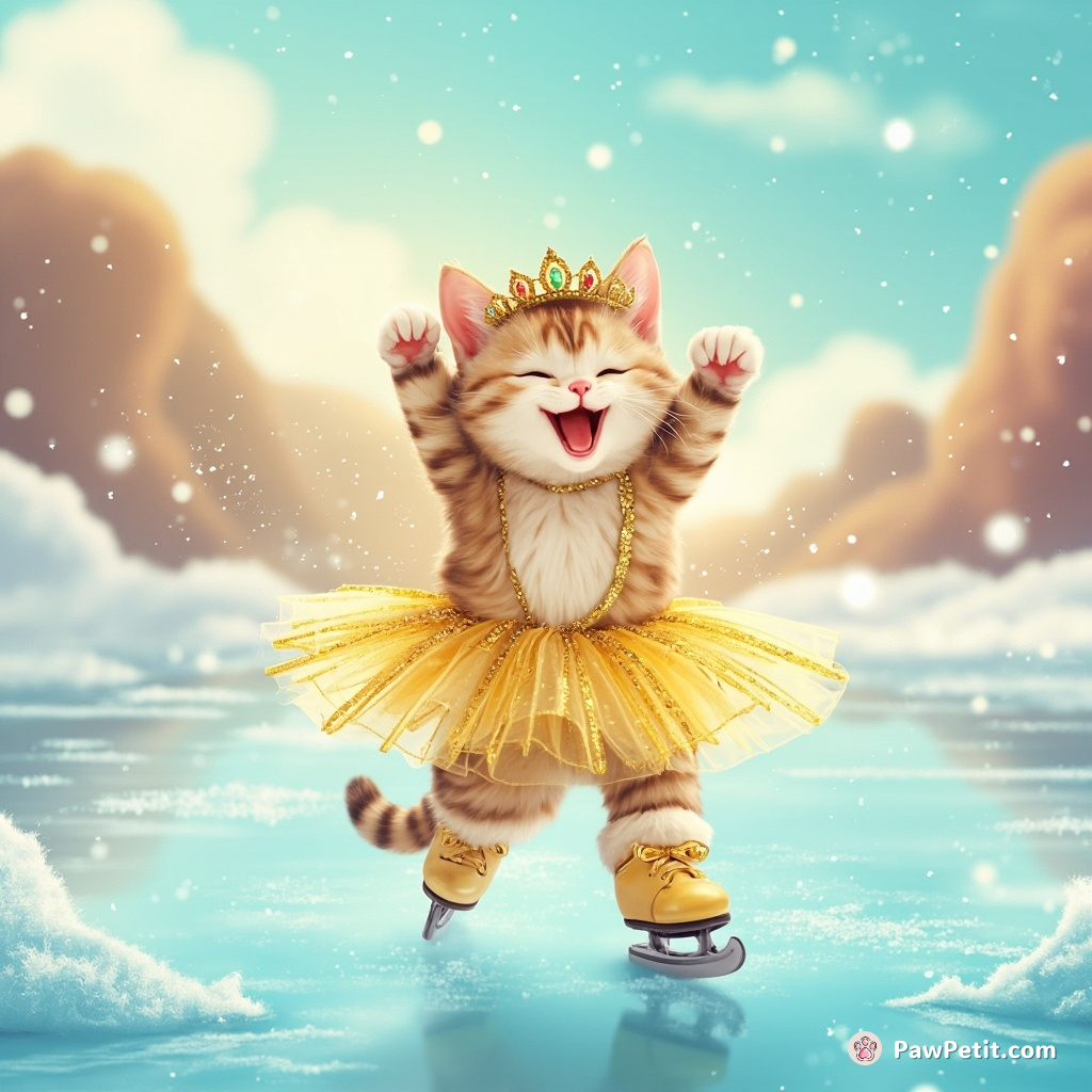 A Tabby cat joyfully ice-skating on a frozen lemonade lake, with gold sequined tutu and sparkly tiara, in a snowy dessert landscape.