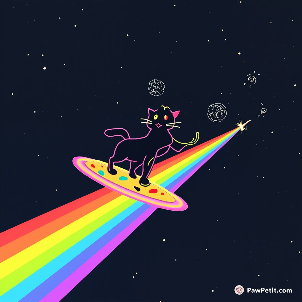 Neon cat surfing on a rainbow pizza in outer space, chased by maracas-shaking aliens.