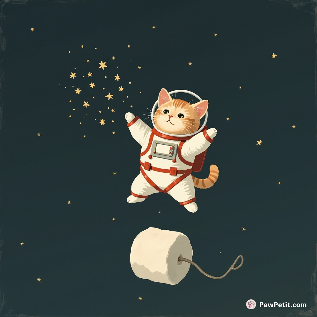 Cat dressed as an astronaut catching fireflies on a levitating marshmallow in zero gravity.