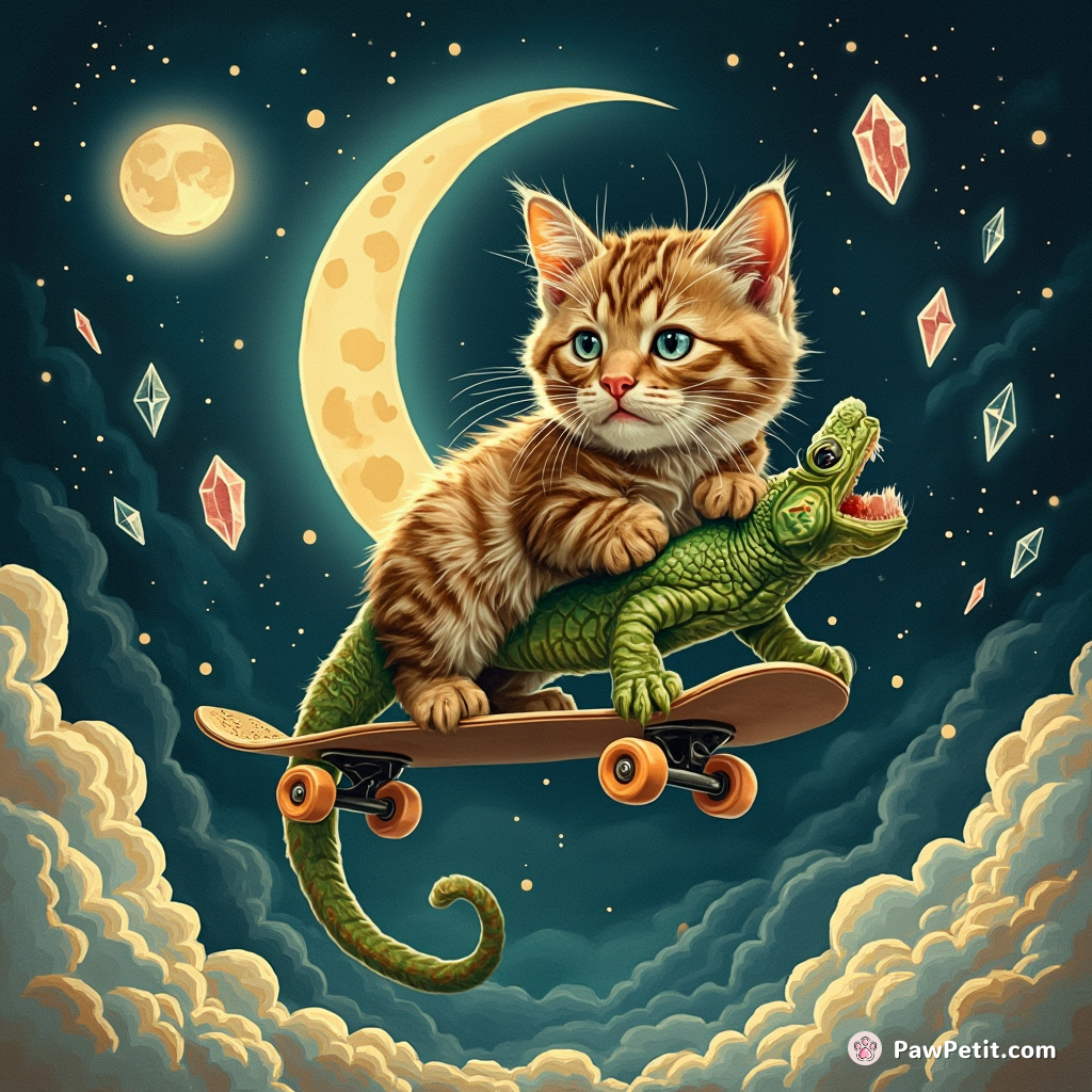 Cat leaping over the moon riding a chameleon skateboard while juggling crystals.